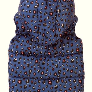 Μπουφάν αμάνικο για κορίτσια με επένδυση και κουκούλα σε μπλε χρώμα με λεοπάρ λεπτομέρειες.