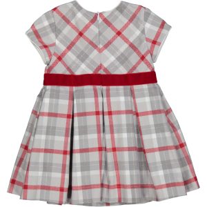 Φόρεμα για κορίτσι καρό με κόκκινες και γκρι γραμμές. Στην μέση υπάρχει ζωνάκι βελουτέ