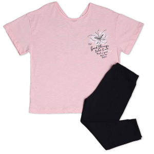 Παιδικό σετ 2 τεμαχίων αποτελούμενο από ροζ μπλούζα με κοντό μανίκι και μαύρο κάπρι κολάν για κορίτσια.